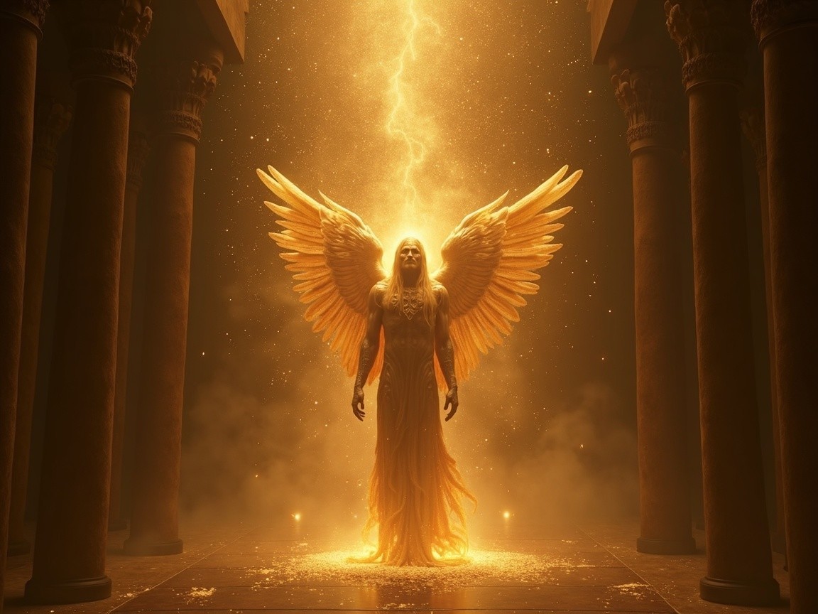 Majestic Figure with Golden Wings in Dim Temple