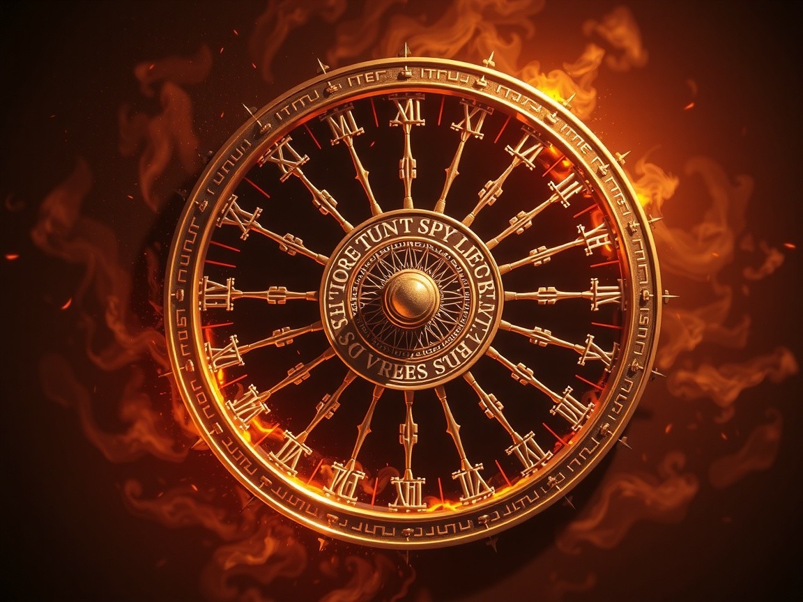 Ornate Glowing Wheel with Roman Numerals and Flames