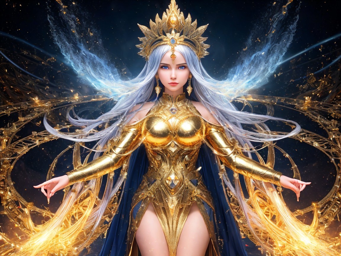 Fantasy Figure in Gold Armor with Silver Hair