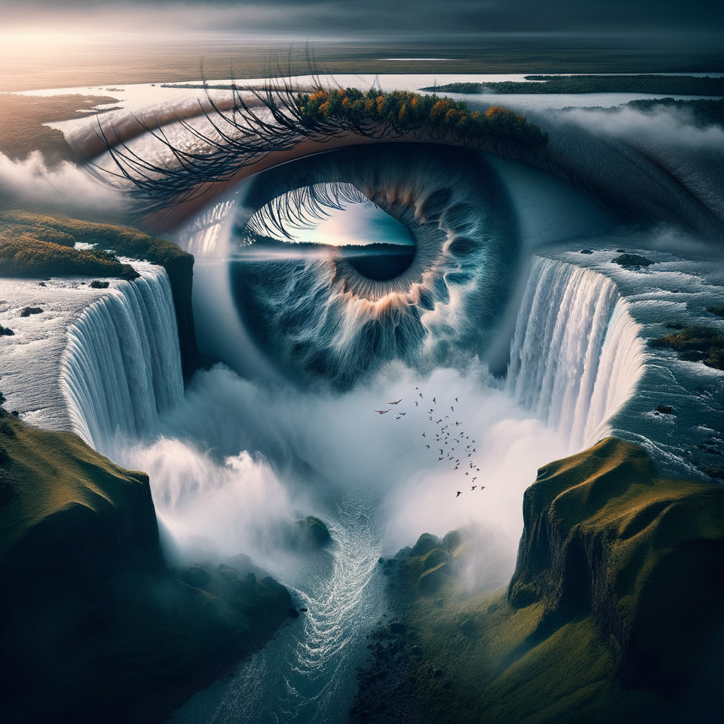 Surreal Landscape with Giant Eye and Waterfall Scene