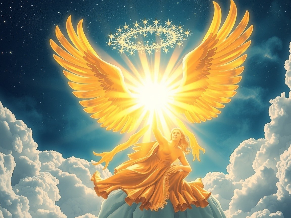 Majestic figure with golden wings in celestial setting