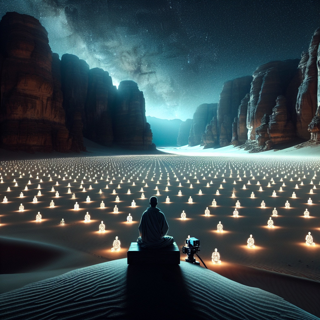 Desert Meditation Scene with Glowing Buddha Statues