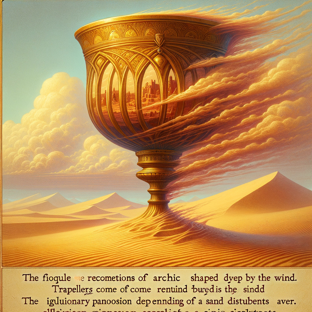 Golden Chalice in a Dreamlike Desert Landscape