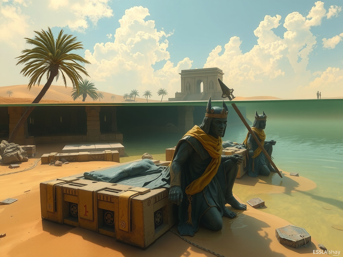 Ancient Underwater Scene with Regal Statues and Ruins