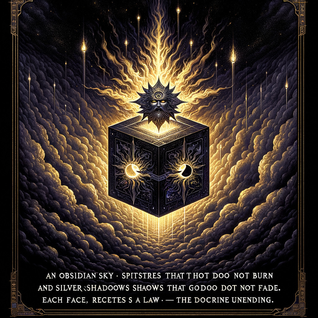 Mystical Dark Cube with Celestial Motifs and Light