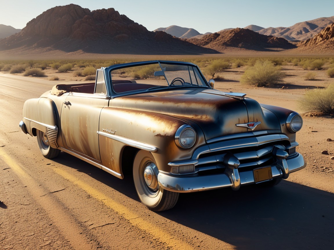 Vintage Convertible Car on Deserted Road in Desert