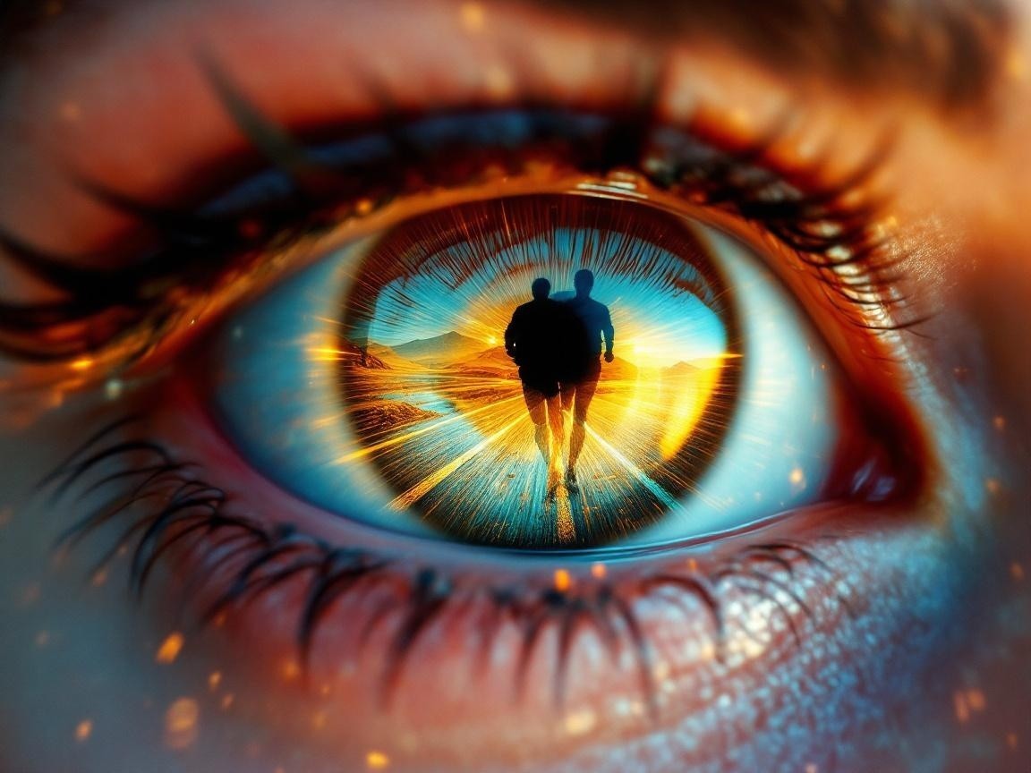 Close-up of a human eye reflecting a vibrant landscape