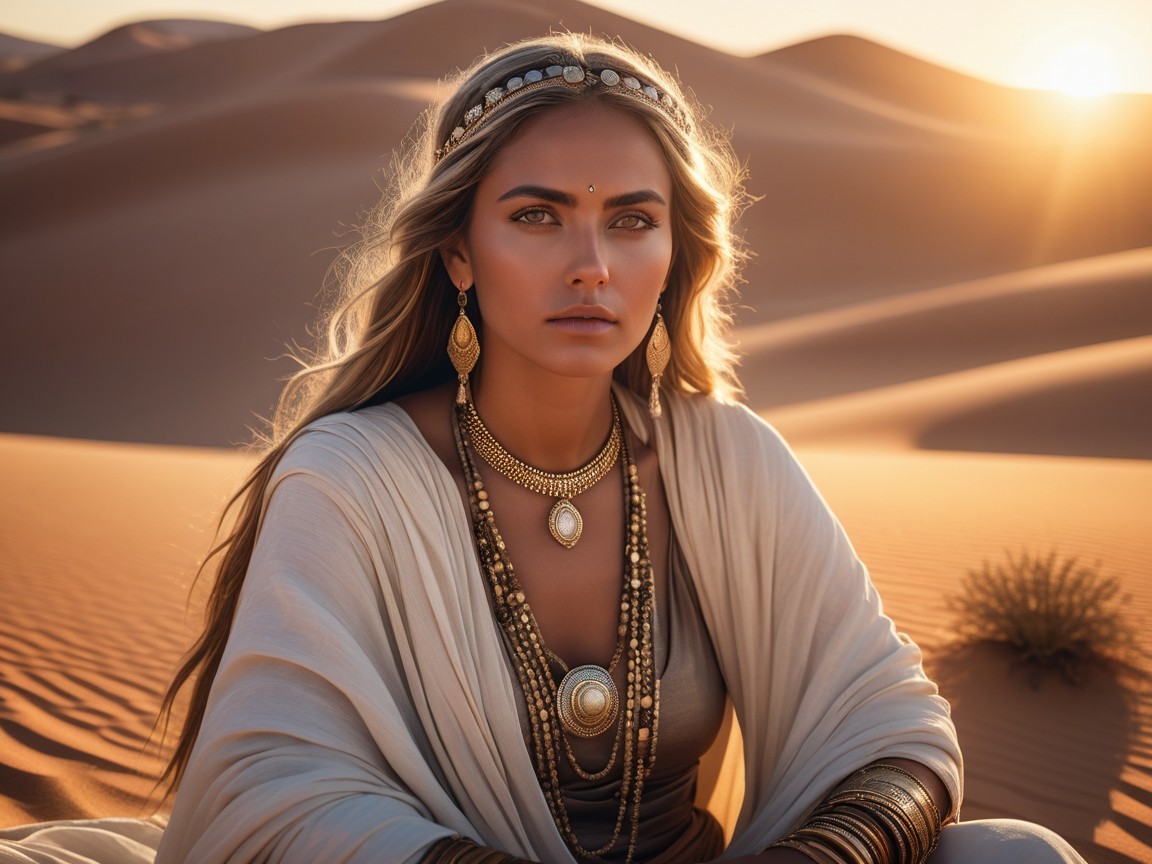 Serene Woman in Desert Landscape with Gold Jewelry