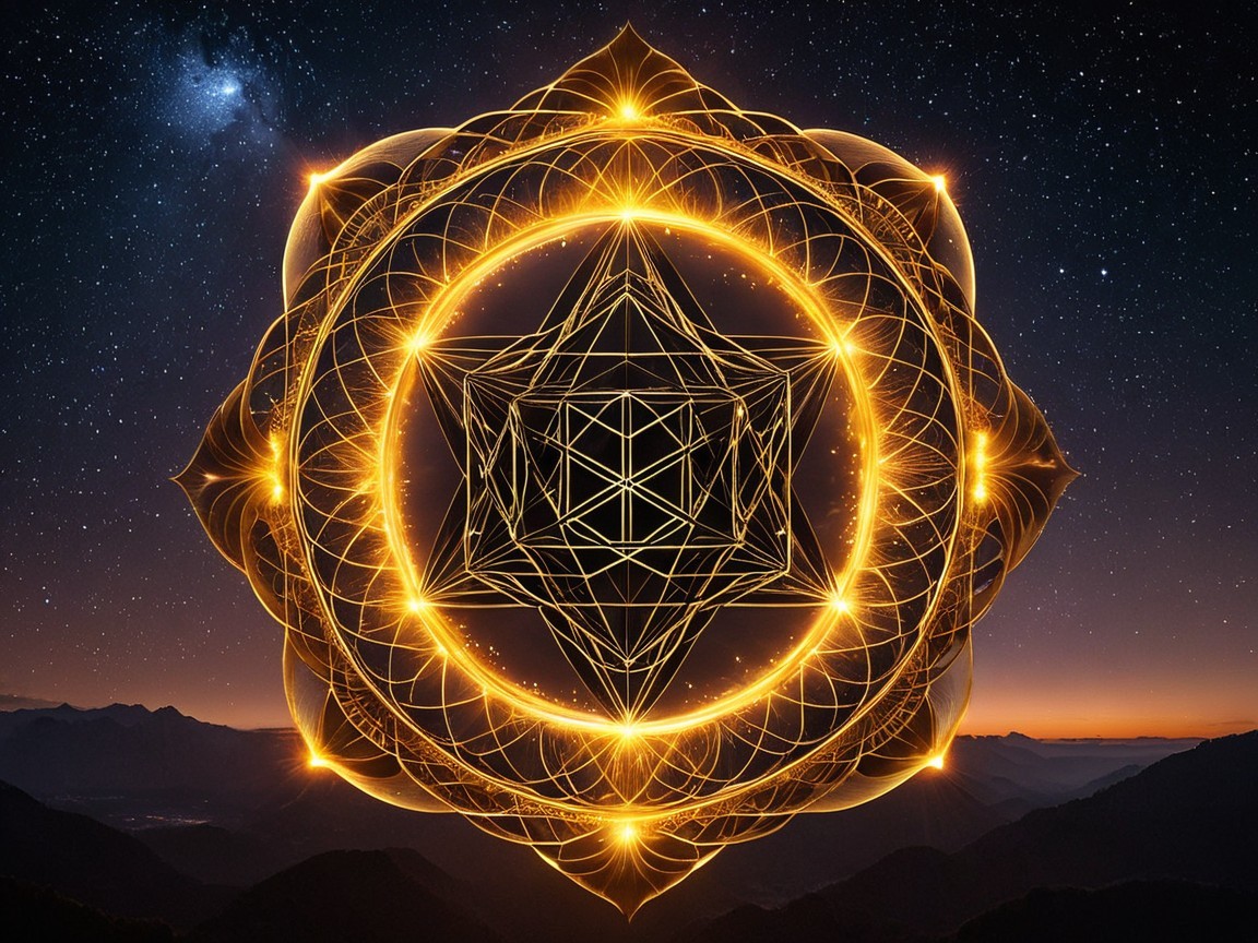 Geometric Mandala Design with Golden Light and Stars