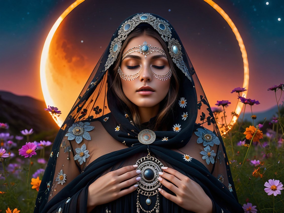 Serene Woman in Veil Amidst Vibrant Flowers and Moon