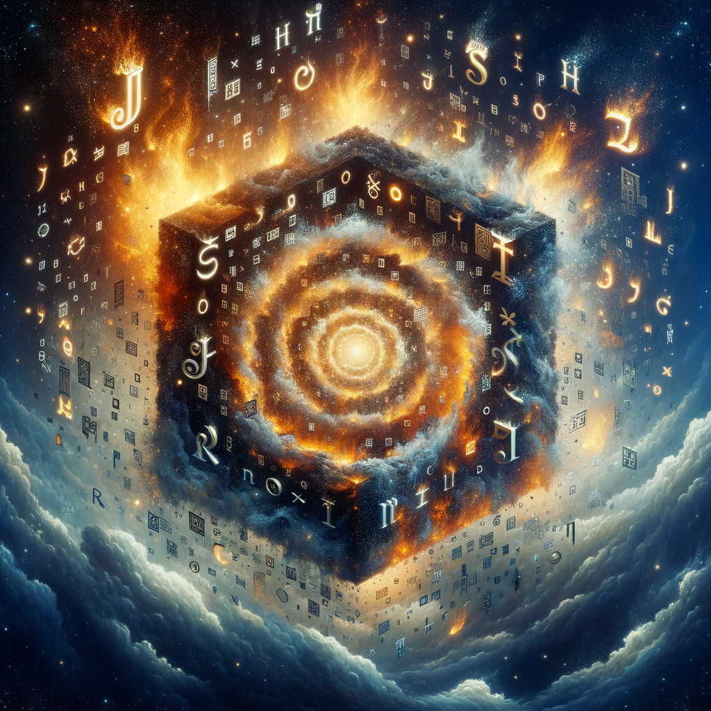 Swirling Cube in Cosmic Scene with Glowing Runes