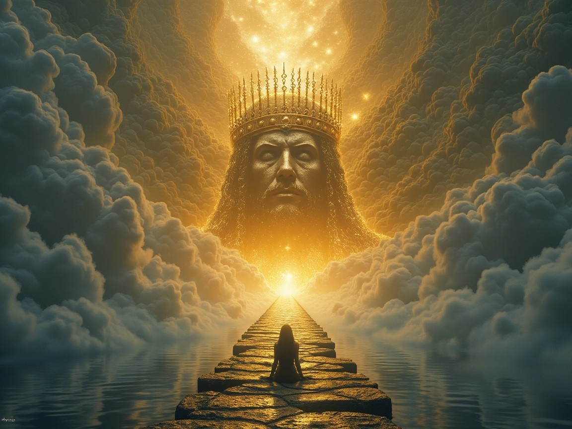 Serene figure on stone path toward luminous face