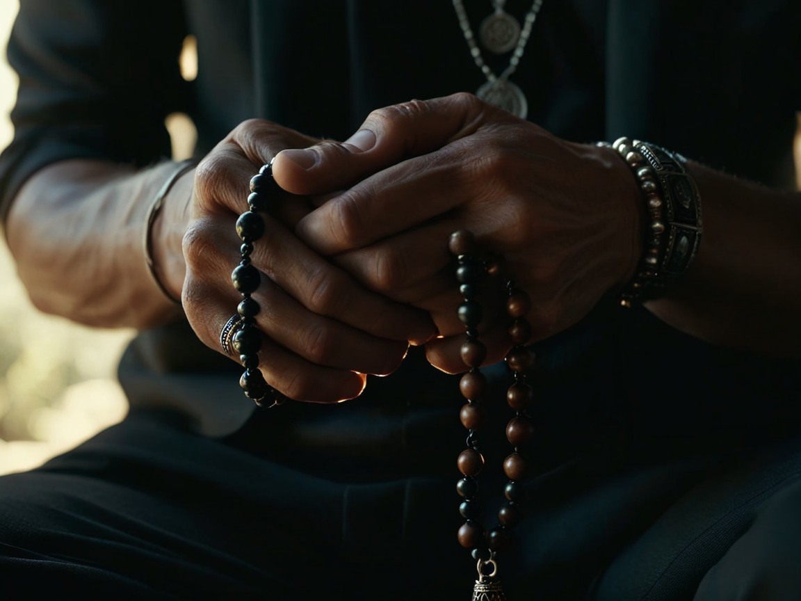Close-Up of Hands Holding Intricate Prayer Beads