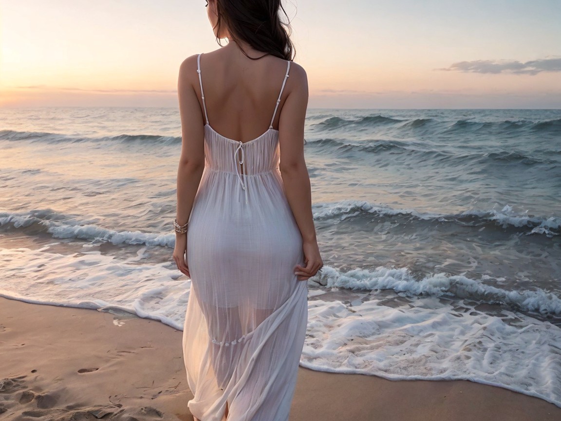 Woman in flowing dress at sunset beach scene
