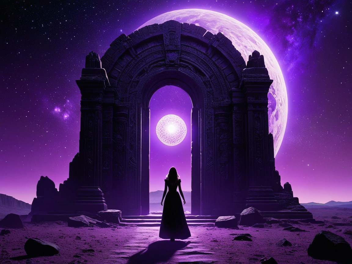 Mystical Night Scene with Ancient Archway and Moon