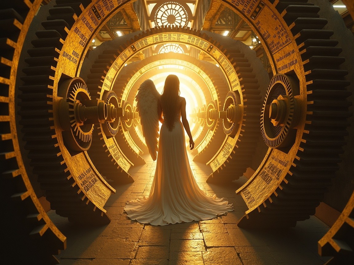 Angelic Figure with Wings Against Golden Gears