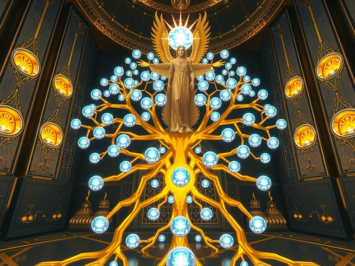 Celestial Scene with Majestic Tree and Ethereal Figure
