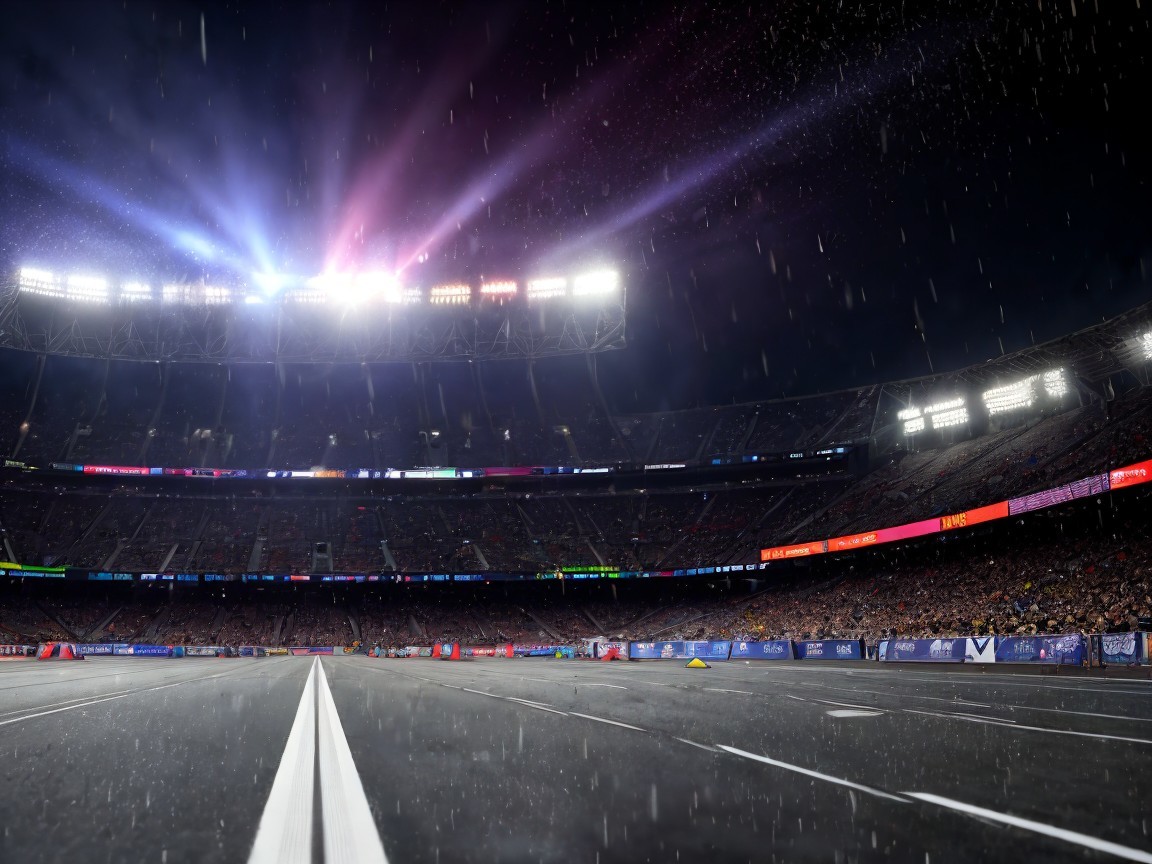 Vibrant Night Stadium Scene with Fans and Rain