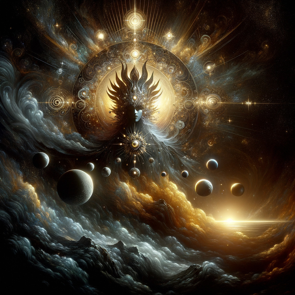 Ethereal Figure in Vibrant Cosmic Scene with Planets