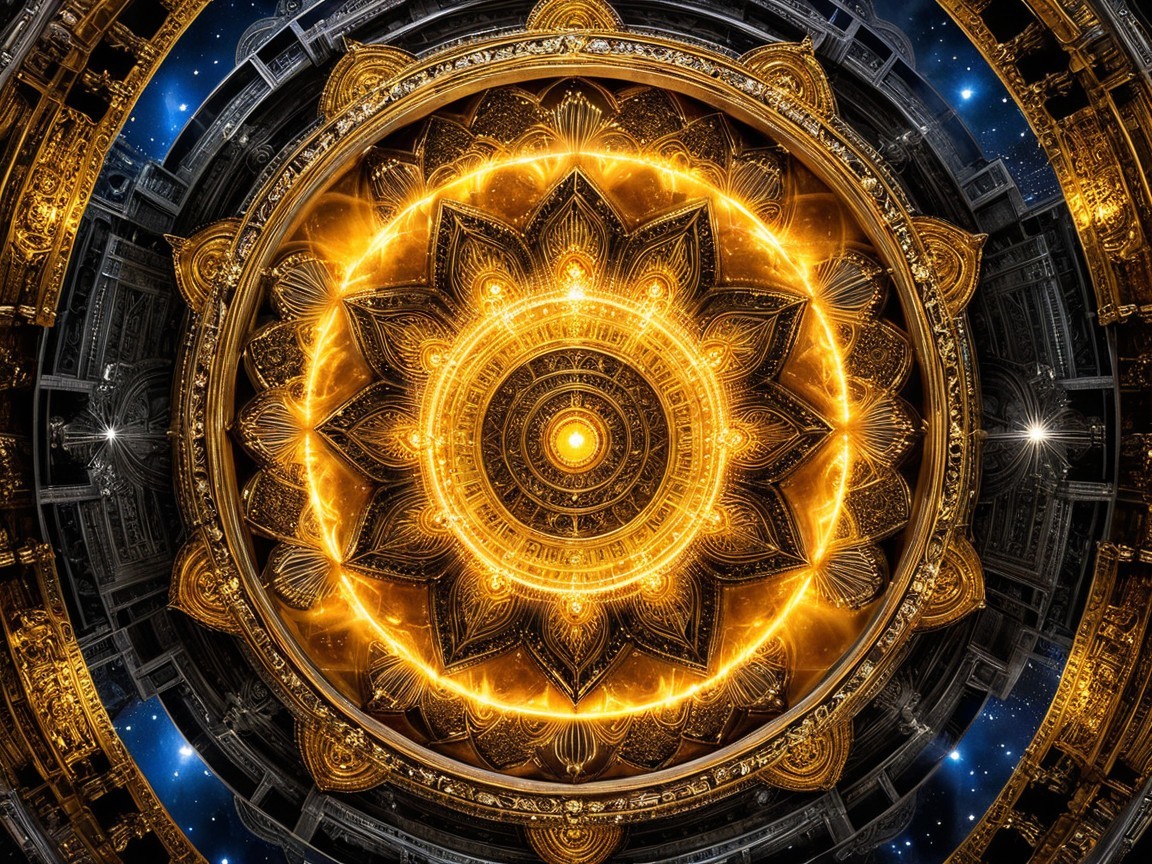 Golden Mandala Design Against Cosmic Backdrop