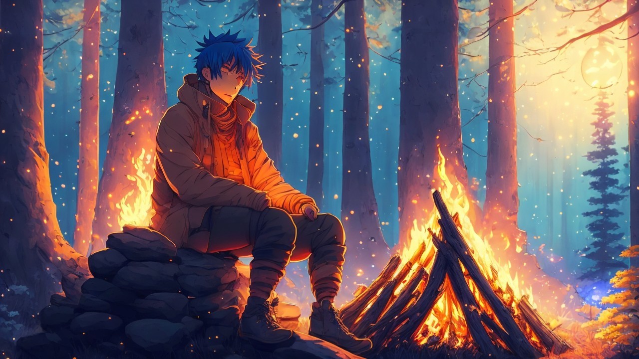 Lone Figure by Campfire in Twilight Forest Scene