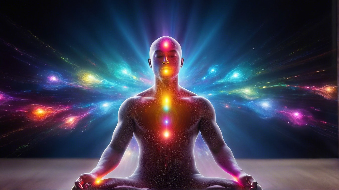 Serene Figure in Meditation with Colorful Light Beams