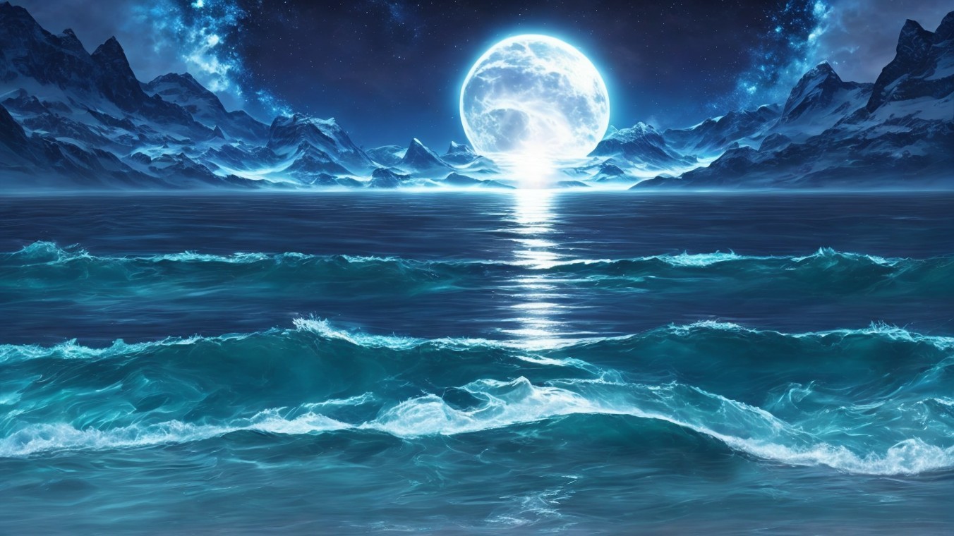 Luminous Full Moon Over Tranquil Ocean and Mountains
