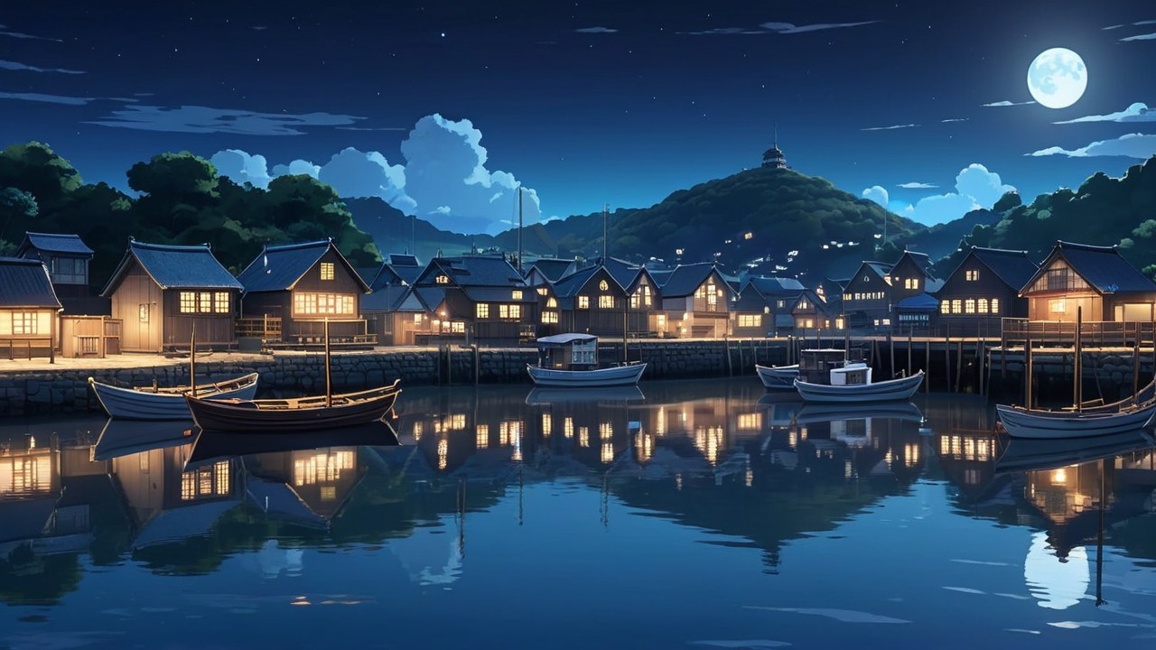 Tranquil Night Harbor Scene with Fishing Boats and Moonlight