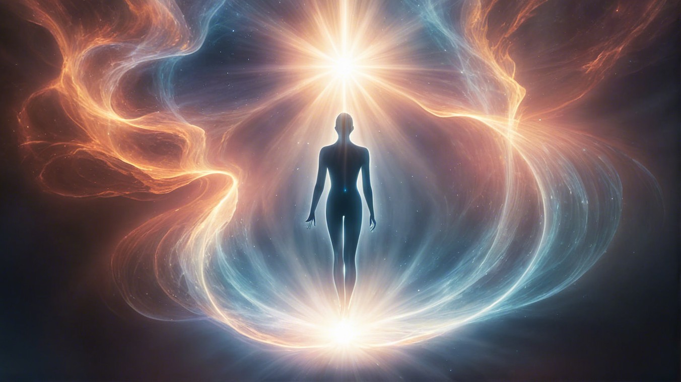 Silhouette Radiating Light with Colorful Cosmic Swirls