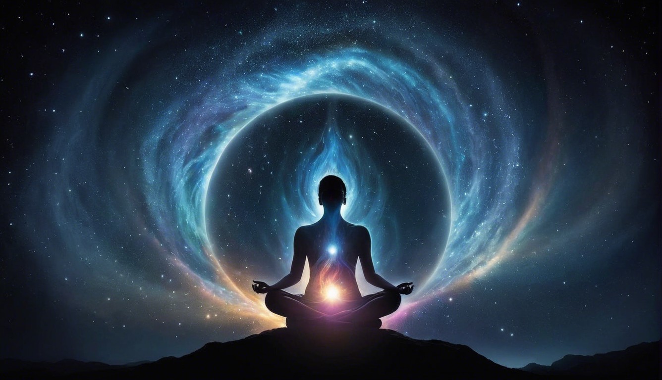 Meditative Figure Against Cosmic Vibrant Backdrop
