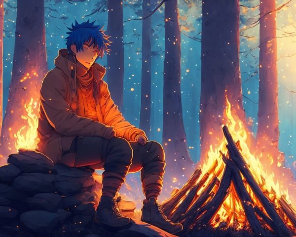 Lone Figure by Campfire in Twilight Forest Scene