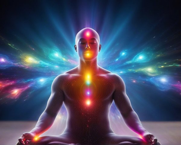 Serene Figure in Meditation with Colorful Light Beams