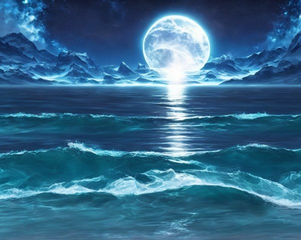 Luminous Full Moon Over Tranquil Ocean and Mountains