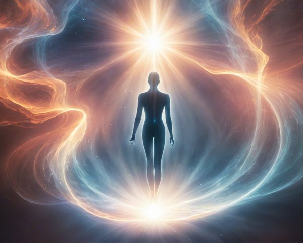 Silhouette Radiating Light with Colorful Cosmic Swirls
