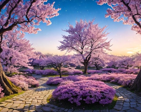 Serene Cherry Blossom Grove at Sunset