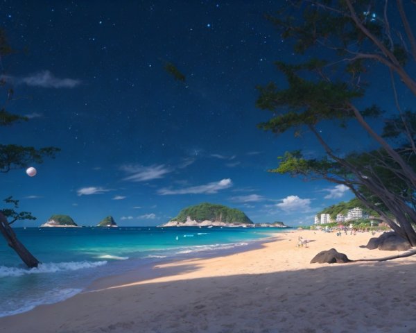 Tranquil Twilight Beach Scene with Stars and Moon