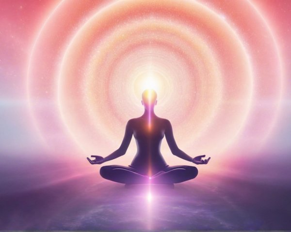 Meditating Figure Against Cosmic Background with Light
