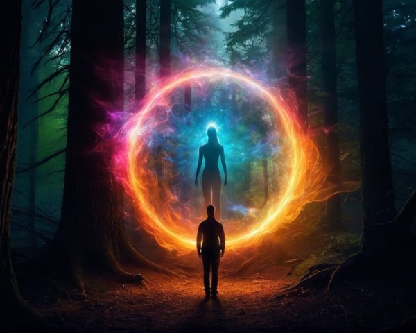 Mystical Forest with Ethereal Portal and Glowing Figure