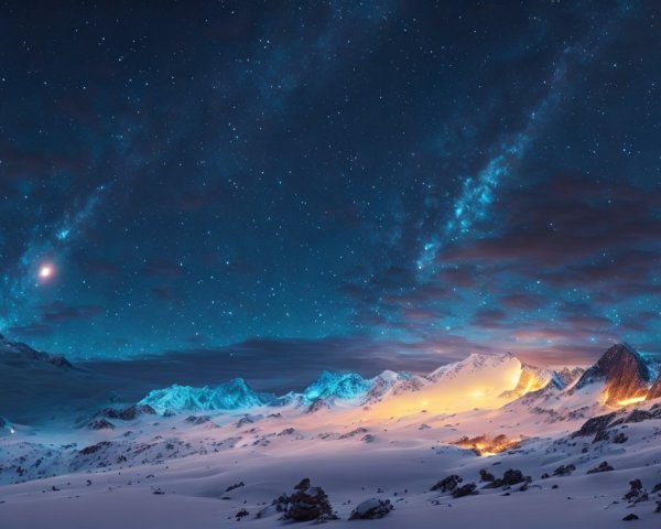 Nighttime Landscape of Snow-Covered Mountains and Stars