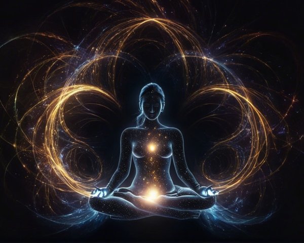 Meditative Figure Surrounded by Vibrant Light Patterns