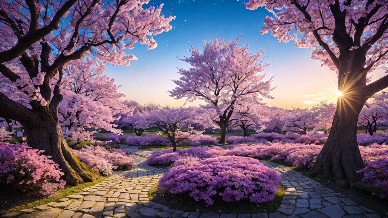 Serene Cherry Blossom Grove at Sunset