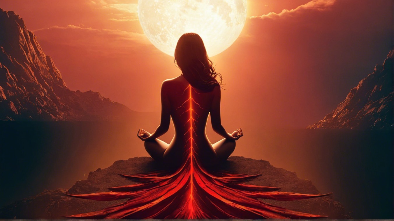 Meditative Figure Against Glowing Moon and Sunset