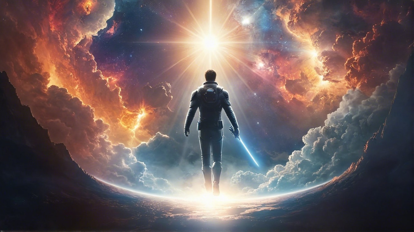 Astronaut on Rocky Precipice with Cosmic Background