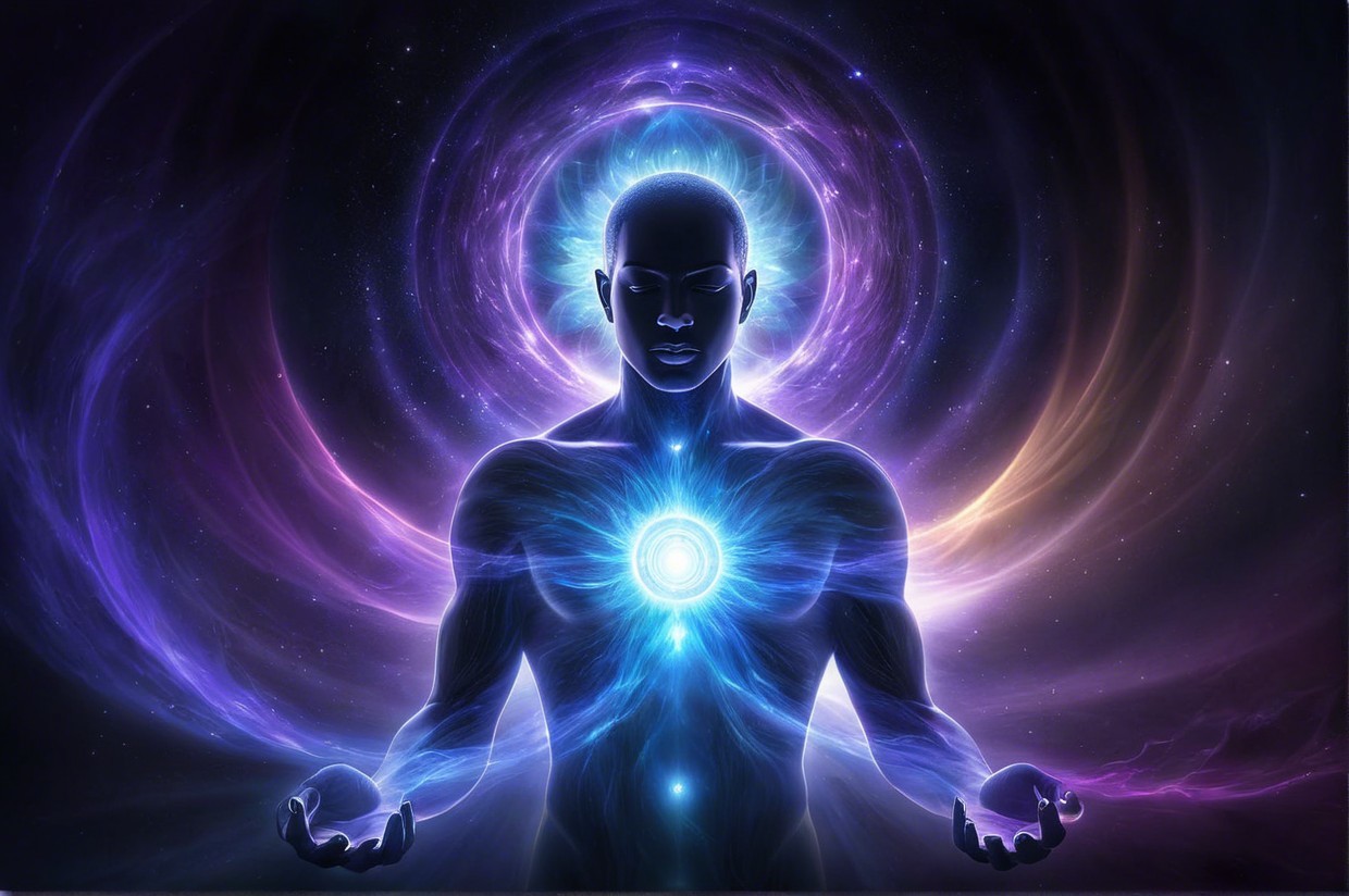 Ethereal Figure Surrounded by Cosmic Energy and Colors
