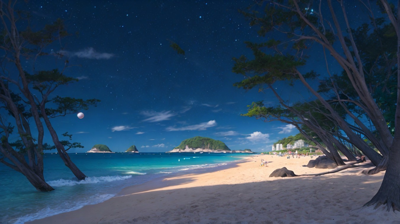 Tranquil Twilight Beach Scene with Stars and Moon