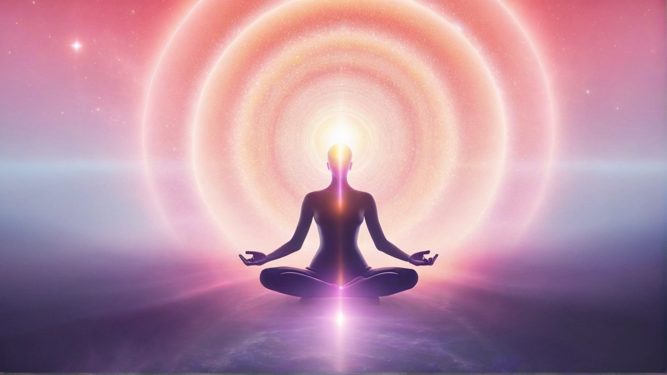 Meditating Figure Against Cosmic Background with Light