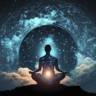 Meditative Figure Against Cosmic Vibrant Backdrop
