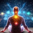 Serene Figure in Meditation with Colorful Light Beams
