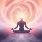Meditating Figure Against Cosmic Background with Light