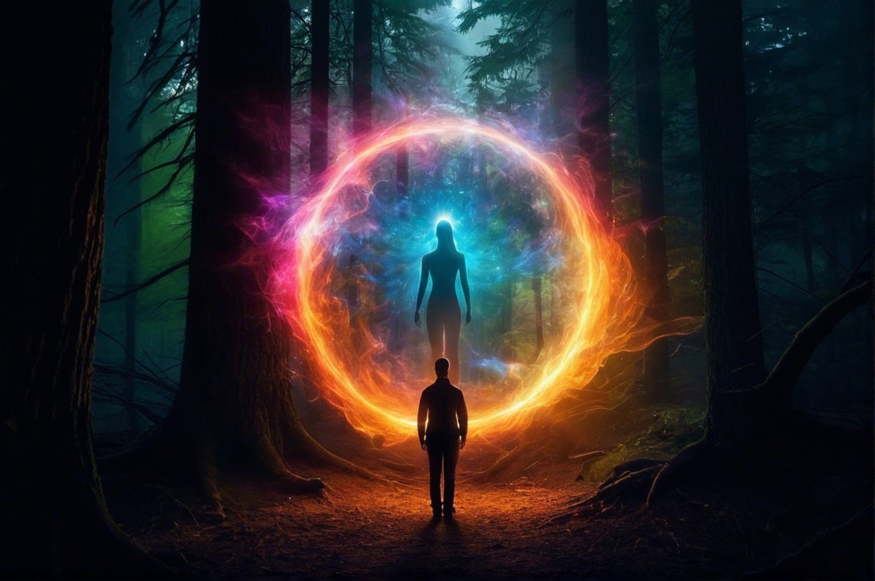 Mystical Forest with Ethereal Portal and Glowing Figure